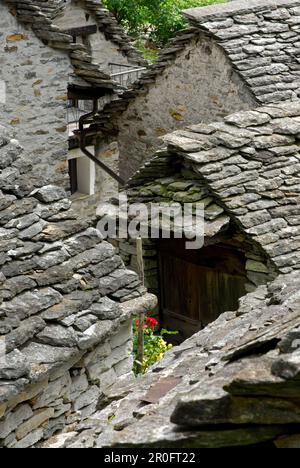 Blick über Steindächer, mehrere Rustici, Brione, Valle Verzasca, Kanton Tessin, Schweiz Stockfoto