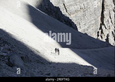 Mountainbiker auf dem Bergweg, Tofane, Dolomiten, Venetien, Italien Stockfoto