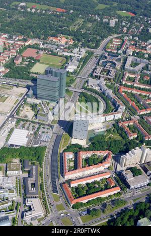 Luftaufnahme der Highlight Towers in Schwabing, München, Bayern Stockfoto