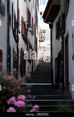 Frau, die Treppen in Imberggasse, Basel, Schweiz, hochgeht Stockfoto