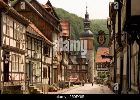 Saigertower und Fachwerkhäuser, Stolberg, Sachsen-Anhalt, Deutschland Stockfoto