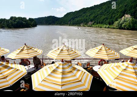 Passagiere auf Schiffen auf der Donau, Obermuhl, Oberösterreich, Österreich Stockfoto