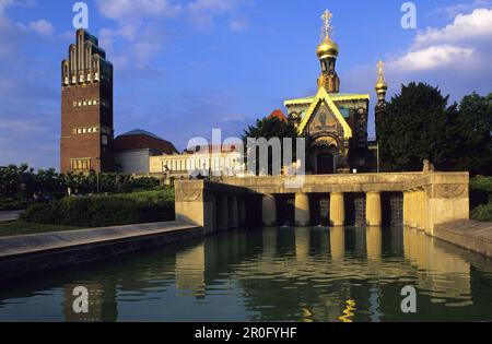 Hochzeitsturm und russische Kapelle, Mathildenhohe, Darmstadt, Hessen, Deutschland Stockfoto