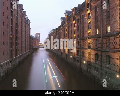 Speicherstadt am Abend, Hamburg Stockfoto