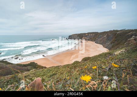 Der berühmte Strand Praia dos Machados in Odemira, westlich von Portugal. Die Felsen rund um den mondförmigen Sandstrand mit großen Wellen aus dem Atlantik Stockfoto