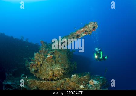 Taucher bei 5-Zoll-Pistole von USS Saratoga, Marshallinseln, Bikini-Atoll, Mikronesien, Pazifik Stockfoto