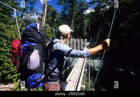 Mann auf einer Hängebrücke über die Rees Dart River, Mount Aspiring Nationalpark, Südinsel, Neuseeland, Ozeanien Stockfoto