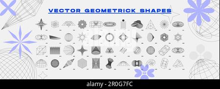 Drahtmodelle 3D-Modelle festgelegt. Sammlung geometrischer volumetrischer Formen im brutalistischen Stil. Transformierte und verzerrte lineare Grafikformen. Vektorillus Stock Vektor