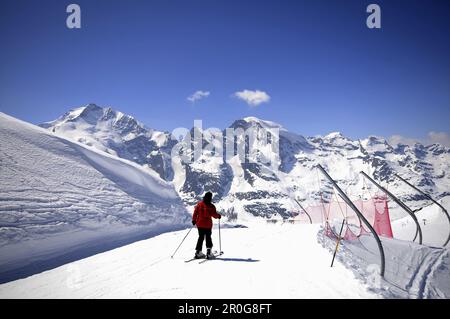 Skifahrer mit Bernina Range, Diavolezza, Pontresina, Oberengadin, Grisons, Die Schweiz Stockfoto