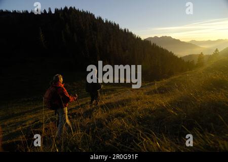 Paar auf einer Wanderung am Heimgarten, Upper Bavaria, Bavaria, Germany Stockfoto