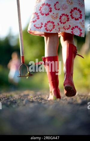 Reife Frau in einem Gemüsegarten, Niedersachsen, Deutschland Stockfoto