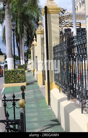 MERIDA, MEXIKO - 28. OKTOBER 2016 Gehweg, Palmen und Geländer im Stadtzentrum Stockfoto