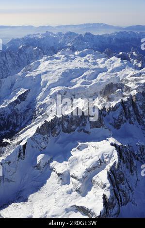 Pala-Angebot im Winter, Luftaufnahme, Pala Palette, Dolomiten, Venetien, Italien, Europa Stockfoto