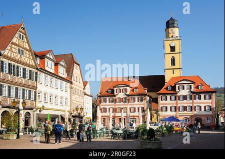 Zwillingshaeuser auf dem Marktplatz in Bad Mergentheim, Bad Mergentheim, Baden-Württemberg, Deutschland Stockfoto