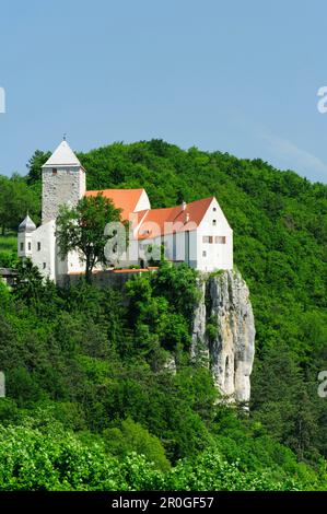 Blick auf Schloss Prunn vom Altmuehltal Radweg, Altmuehl Tal Naturpark, Riedenburg, Kelheim, Bayern, Deutschland Stockfoto