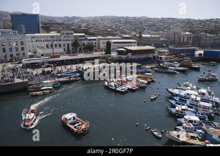 Blick auf die Fischerboote im Hafen und Stadt, Valparaiso, Chile, Südamerika, Amerika Stockfoto