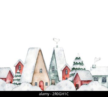 Winter-Illustration verschneite Straße mit niedlichen Häusern, Fichten, Büschen im Schnee, Schneeverwehungen isoliert im Hintergrund. Handgemalte Aquarelle für Stockfoto