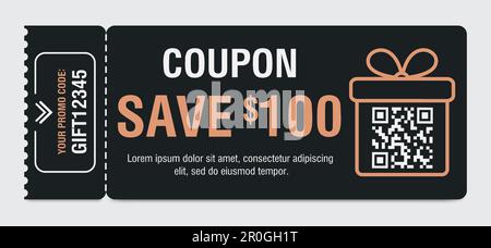 Geschenkgutscheine mit monetärer Prämie in Höhe von 100 US-Dollar mit einfacher, linearer Illustration der Geschenkbox und qr-Code. Vektordarstellung Stock Vektor