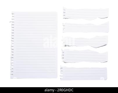Auf weißem Hintergrund isolierte Blätter aus Notizbuchpapier Stockfoto