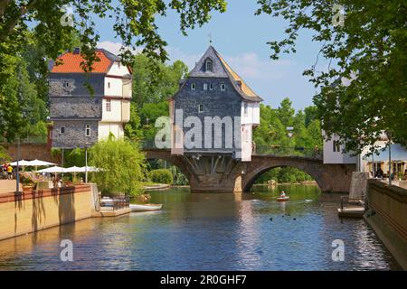 Brückenhäuser, Alte Nahe Brücke, Bad Kreuznach, Rheinland-Pfalz, Deutschland Stockfoto