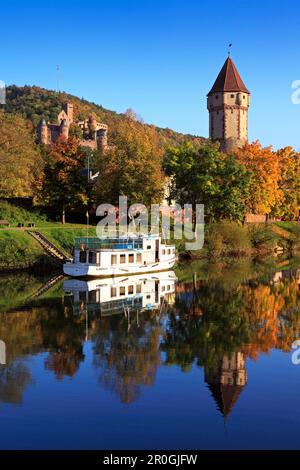 Blick über den Fluss zum Spitzer Turm und zur Wertheim-Burg, Wertheim, Baden-Württemberg, Deutschland Stockfoto