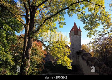 Der befestigte Turm der Stadtmauer in der Nähe der Reichsstadthalle, Rothenburg ob der Tauber, Franken, Bayern, Deutschland Stockfoto