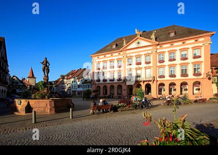 Brunnen mit Ritter und Rathaus auf dem Marktplatz, Gengenbach, Schwarzwald, Baden-Württemberg, Deutschland Stockfoto