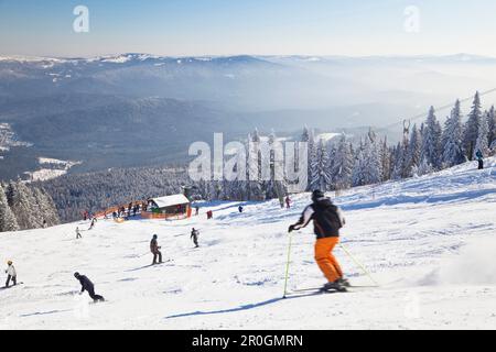 Skifahrer im Skigebiet Great Arber, Bayerischer Wald, Bayerischer Eisenstein, Niederbayern, Deutschland, Europa Stockfoto