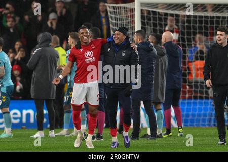 Nottingham, Großbritannien. 08. Mai 2023. Danilo #28 vom Nottingham Forest und Jesse Lingard #11 vom Nottingham Forest feiern den Sieg ihrer Teams nach dem Premier League-Spiel Nottingham Forest vs Southampton in City Ground, Nottingham, Großbritannien, am 8. Mai 2023 (Foto von Craig Thomas/News Images) in Nottingham, Großbritannien, am 5./8. Mai 2023. (Foto: Craig Thomas/News Images/Sipa USA) Guthaben: SIPA USA/Alamy Live News Stockfoto