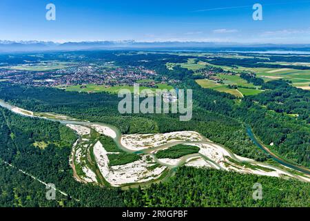 Blick von oben auf das Naturschutzgebiet Pupplinger Au, Wolfratshausen, im Hintergrund die alpen mit der Zugspitze, Oberbayern, Deutschland, Europa Stockfoto