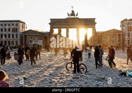 Kissenschlacht, Menschen und Daunenfedern vor dem Brandenburger Tor, Pariser Platz, unter den Linden, Bezirk Mitte, Berlin, Deutschland, Europa Stockfoto