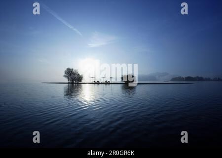 Krautinsel bei Sonnenaufgang, Chiemsee, Chiemgau, Bayern, Deutschland Stockfoto