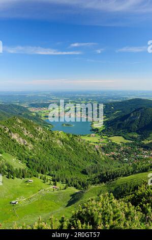 Blick auf den Schliersee mit der Insel Woerth, Schliersee, Brecherspitz, Mangfall, Bayerische Voralpen, Oberbayern, Deutschland Stockfoto