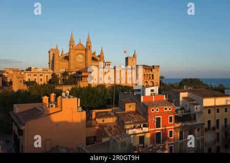 Kathedrale La Seu und Palau de l'Almudaina, Almudaina Palast im Licht der Abendsonne, Palma de Mallorca, Mallorca, Balearen, Spanien, Eur Stockfoto