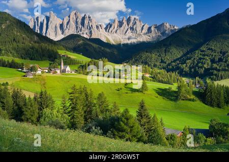 Blick über das grüne Villnoess-Tal mit der Kirche Santa Maddalena auf die Geisler-Gipfel, Südtirol, Italien, Europa Stockfoto