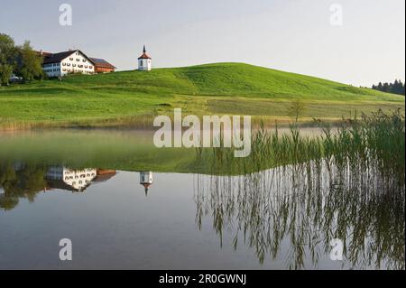 Blick über den See Hegratsried chapel Royal, Halblech, Allgäu, Bayern, Deutschland Stockfoto