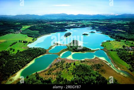 Luftaufnahme über die Seen Osterseen auf Jochberg, Herzogstand, Heimgarten, Ester und Wetterstein, Oberbayern, Deutschland, Europa Stockfoto