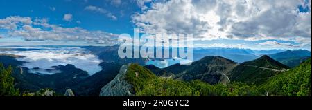 Blick vom Mount Herzogstand über Walchensee und Bayerische Alpen, Oberbayern, Deutschland Stockfoto