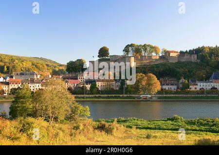 Blick auf Sierck-les-Bains mit Moselfluss und Schloss, Sierck-les-Bains, Thionville-Est, Frankreich, Europa Stockfoto