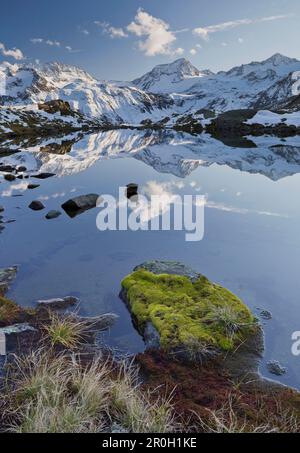 Bergreflexion in einem See, namenloser See, Aperer Pfaff, Schaufelspitze, Stubaier Wildspitze, Mutterbergalm, Stubaier Alpen, Tirol, Österreich Stockfoto