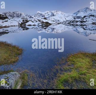 Bergreflexion in einem See, namenloser See, großer Troegler, Wilder Pfaff, Zuckerhuetl, Aperer Pfaff, Schaufelspitze, Mutterbergalm, Stubaier Alpen, Stockfoto