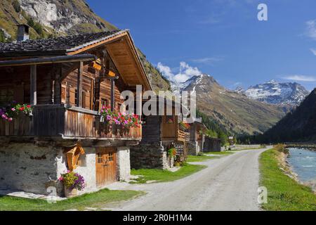 Bauernhäuser in der Nähe des Flusses Gschloessbach mit dem Grossvenediger im Hintergrund, Innergschloess, hohe Tauern, Osttirol, Tirol, Österreich Stockfoto