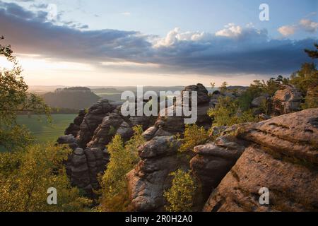 Blick vom Pfaffenstein Rock auf das Königsteinschloss im Abendlicht, Nationalpark Sachsenschweiz, Elbsandsteingebirge, Sachsen, Deutschland, Stockfoto