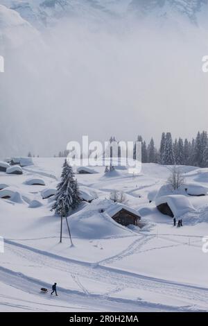 Tiefer Winter in den Sonnenberger Alpen, schneebedeckte Alpenhäuser, Skigebiet Muerren-Schilthorn, Muerren, Lauterbrunnental, Jungfrauregion, Bernese O Stockfoto