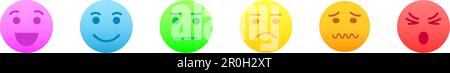 Ein Satz bunter Emoji-Gesichter mit unterschiedlichen positiven und negativen Emotionen. Glücklich, lächelnd, traurig, verwirrt, wütend, Symbole für gedrückte Gesichtsausdrücke isoliert auf weißem Hintergrund. Vektordarstellung Stock Vektor