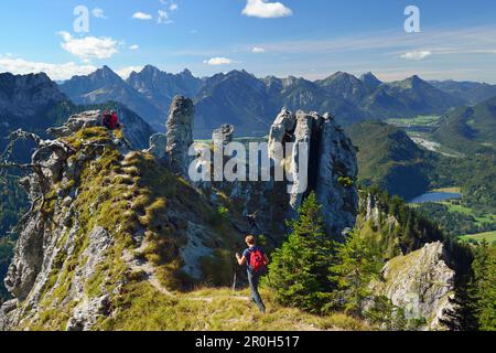 Zwei Wanderer, die auf einem Tegelberg-Gebirgskamm, der Tannheim-Gebirgskette im Hintergrund, Tegelberg, Ammergau, Allgaeu, Schwäbien, Bayern, Deutschland Stockfoto