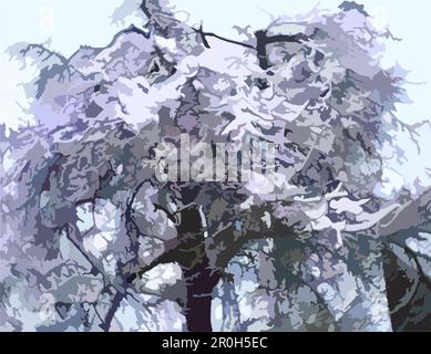 Schneebedeckter Baum – Winterlandschaft für Hintergründe oder Texturen. Wintermotive für Tapeten, Textilien, Poster, Geschäftskonzepte, Modetrends Stockfoto