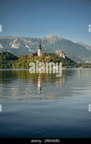 Blick auf die Marienkirche auf der winzigen Insel Bleder See, die Julischen Alpen, Gorenjska, Slowenien Stockfoto