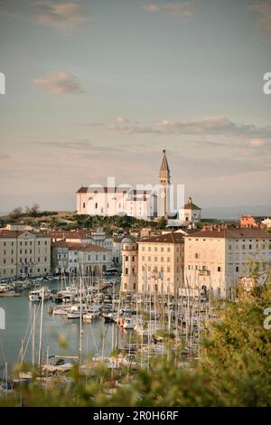 Jachthafen und Pfarrkirche St. Georg in Piran, Adria-Küste, Mittelmeer, Primorska, Slowenien Stockfoto