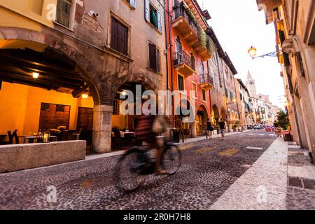 Radfahrer im historischen Zentrum von Verona, Veneto, Italien Stockfoto